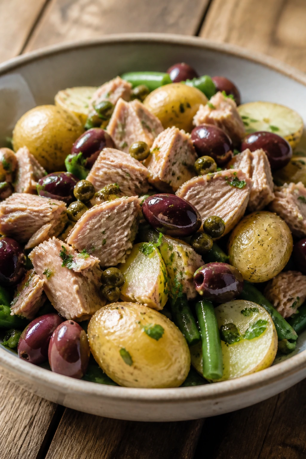 Tuna olive potato bowl with greens and olives