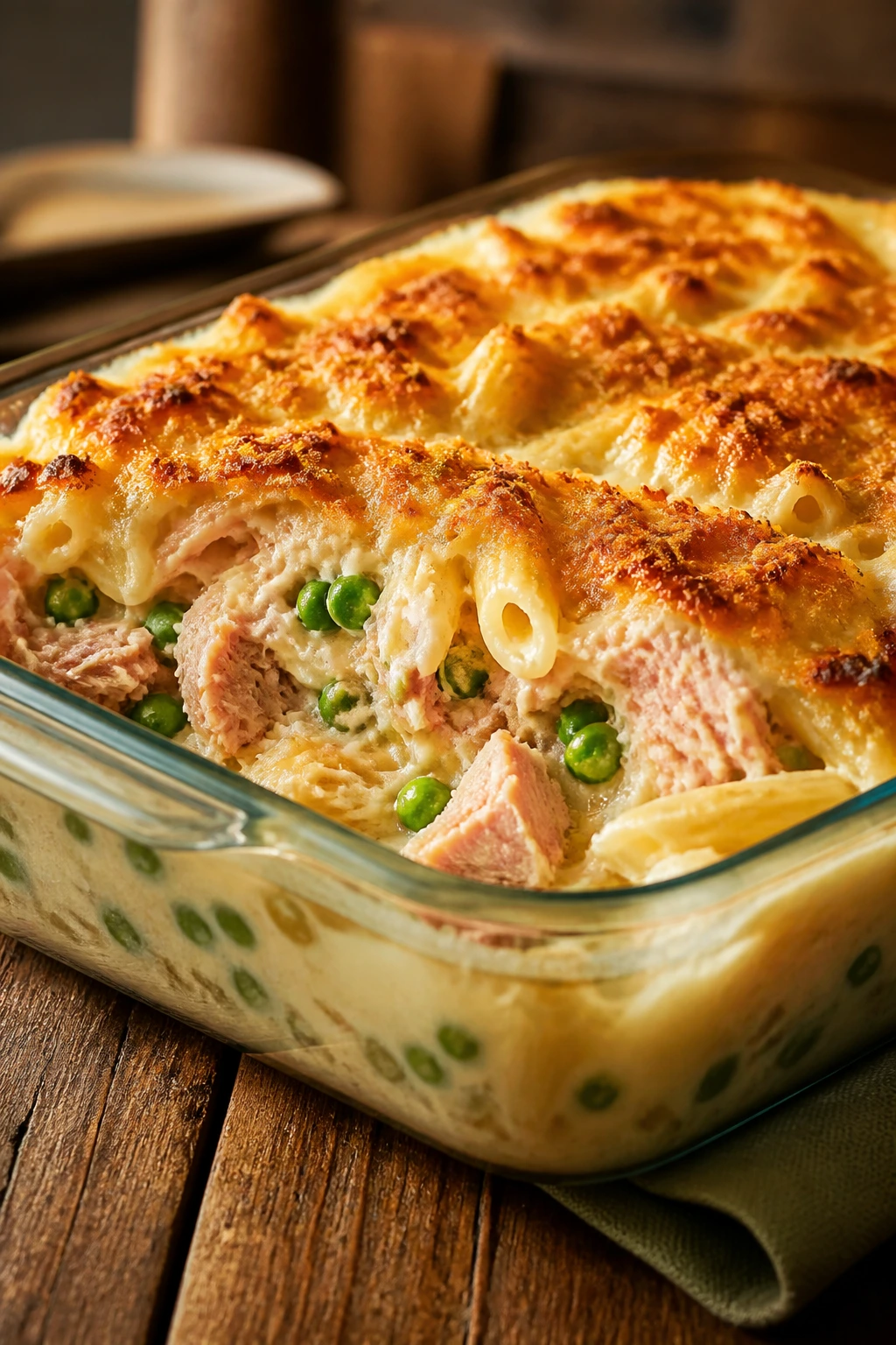 Golden tuna pasta bake in a glass dish