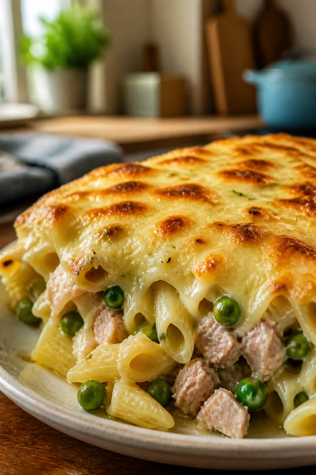 Creamy tuna pasta bake with browned cheese crust