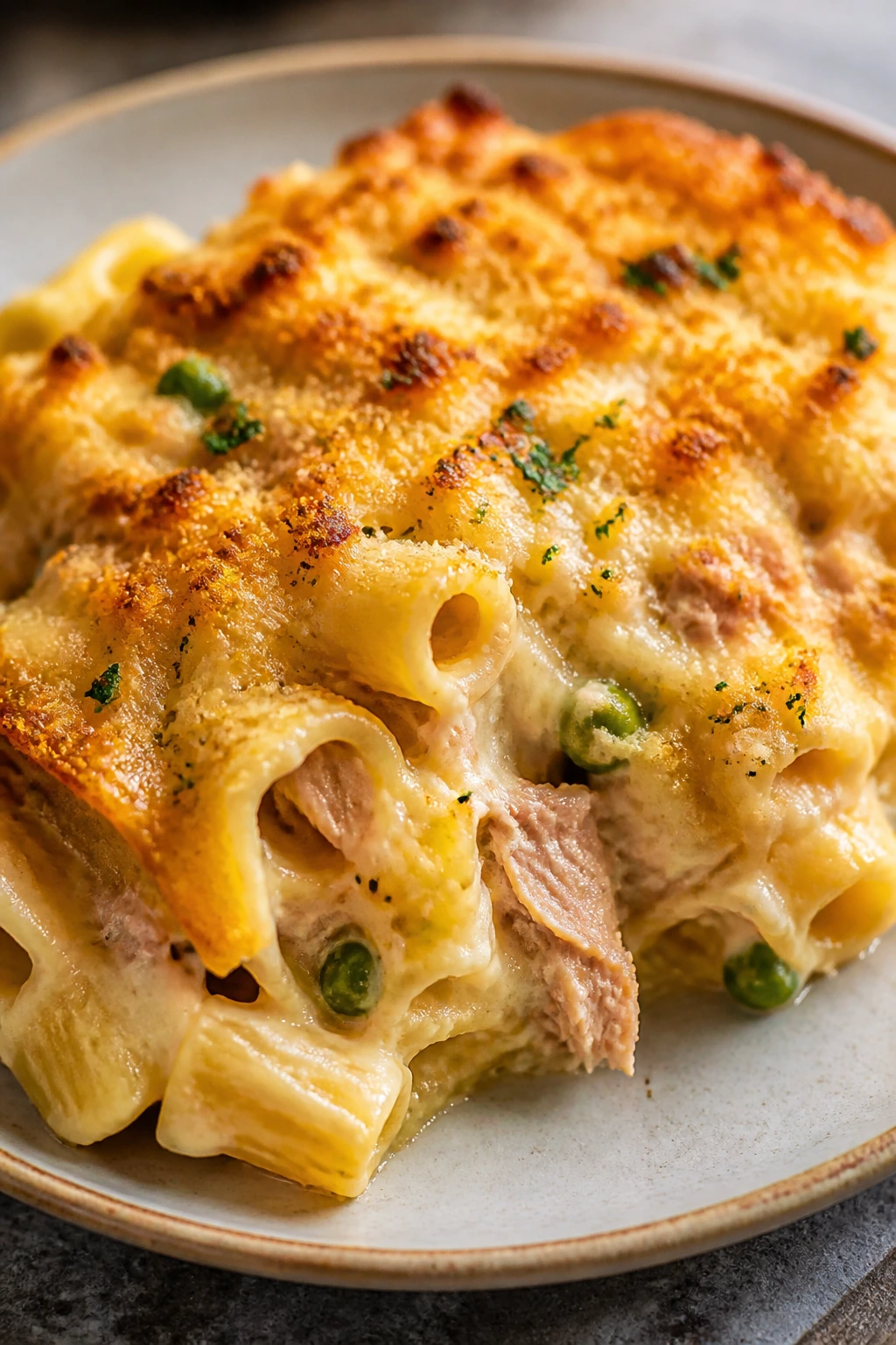 Tuna pasta bake served hot with cheese and breadcrumbs