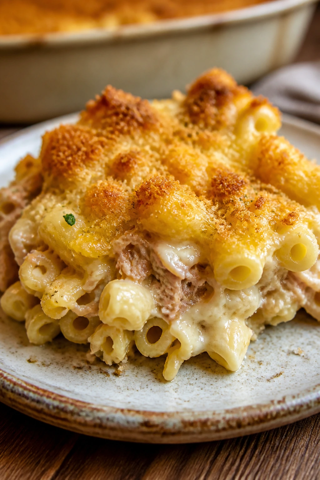 Slice of tuna melt pasta bake with a crispy crust