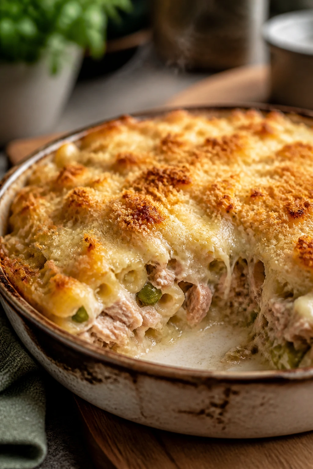 Creamy tuna pasta bake with golden breadcrumb topping