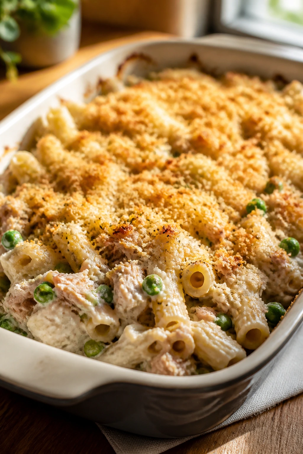 Creamy tuna pasta bake with peas and breadcrumb topping