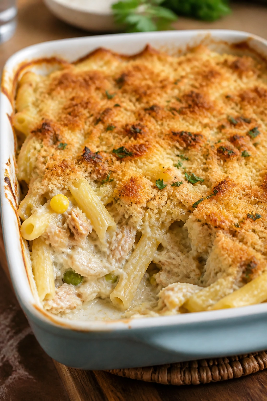 Close-up of tuna pasta bake with browned top in baking dish