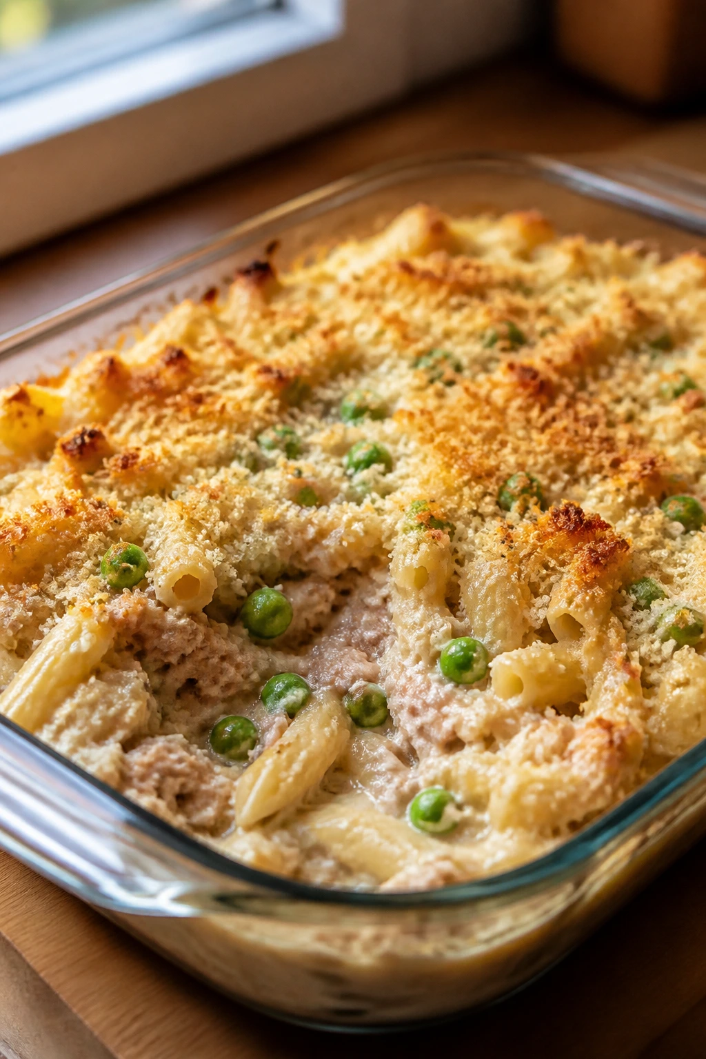 Close-up of tuna pasta bake in a glass baking dish with a browned top on a wooden kitchen counter