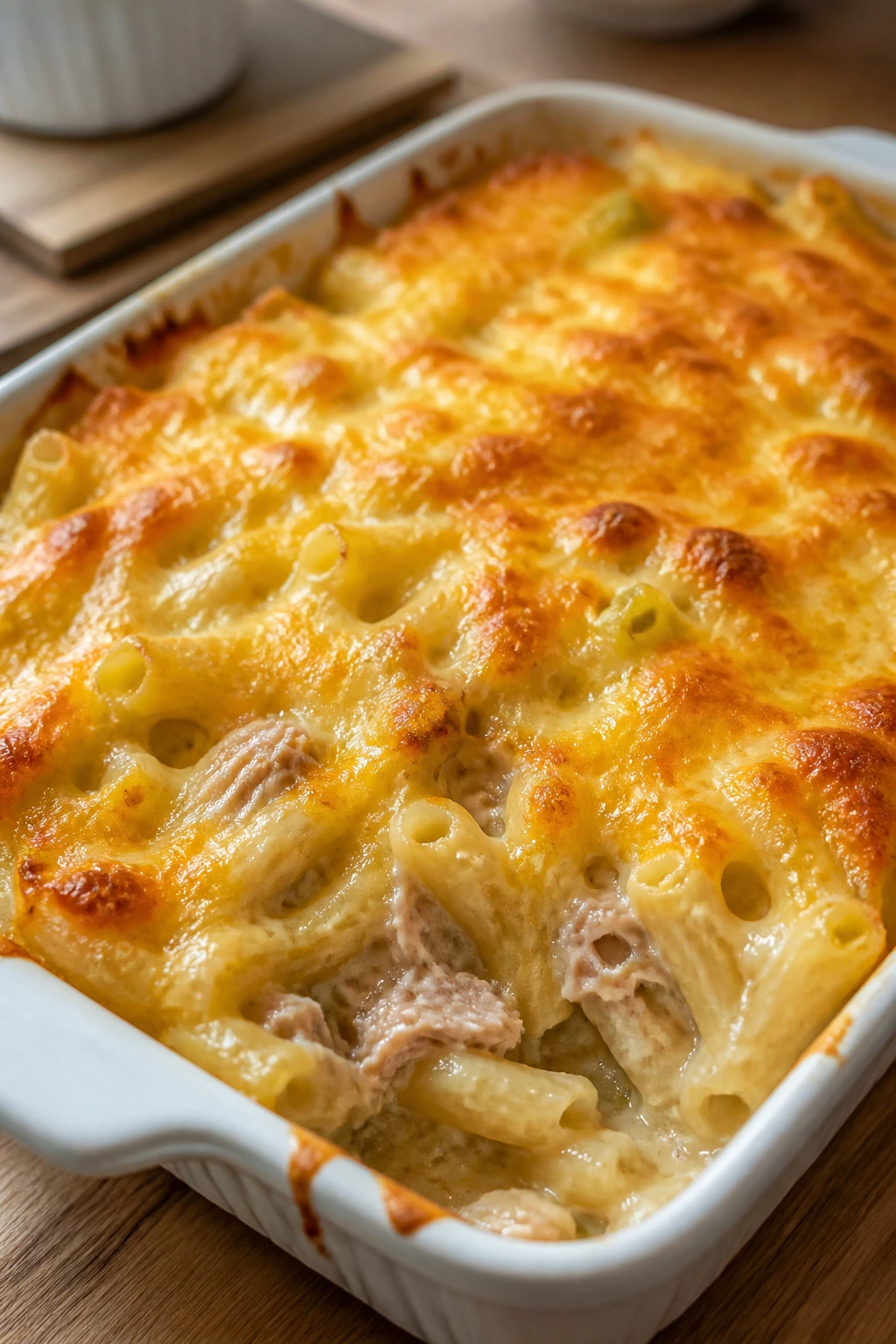 Close-up of tuna melt pasta bake in a baking dish with golden cheese crust