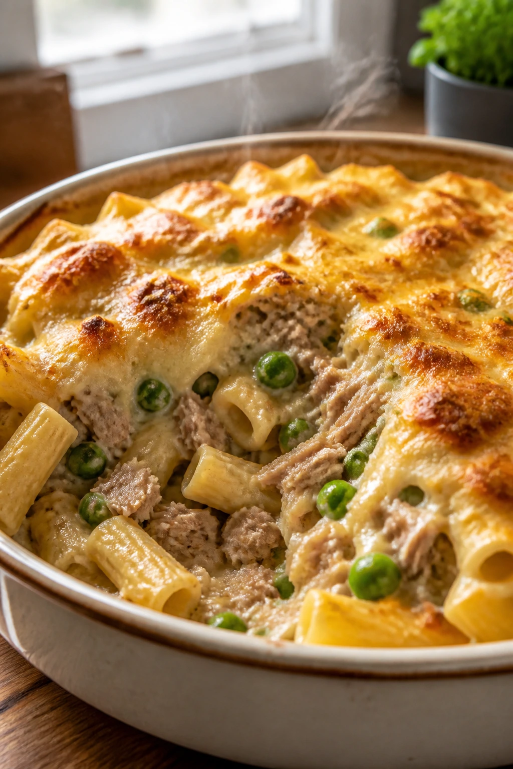 Close-up of creamy tuna pasta bake with tuna and peas in a baking dish