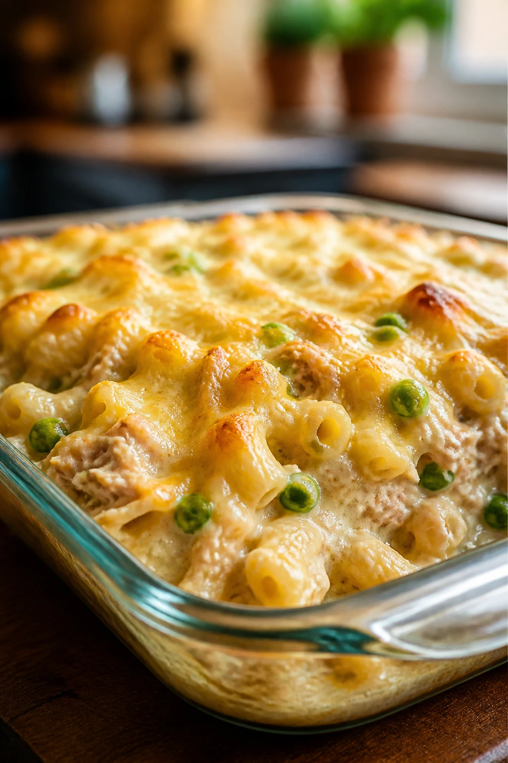Creamy tuna pasta bake with peas and cheddar bubbling in a glass dish
