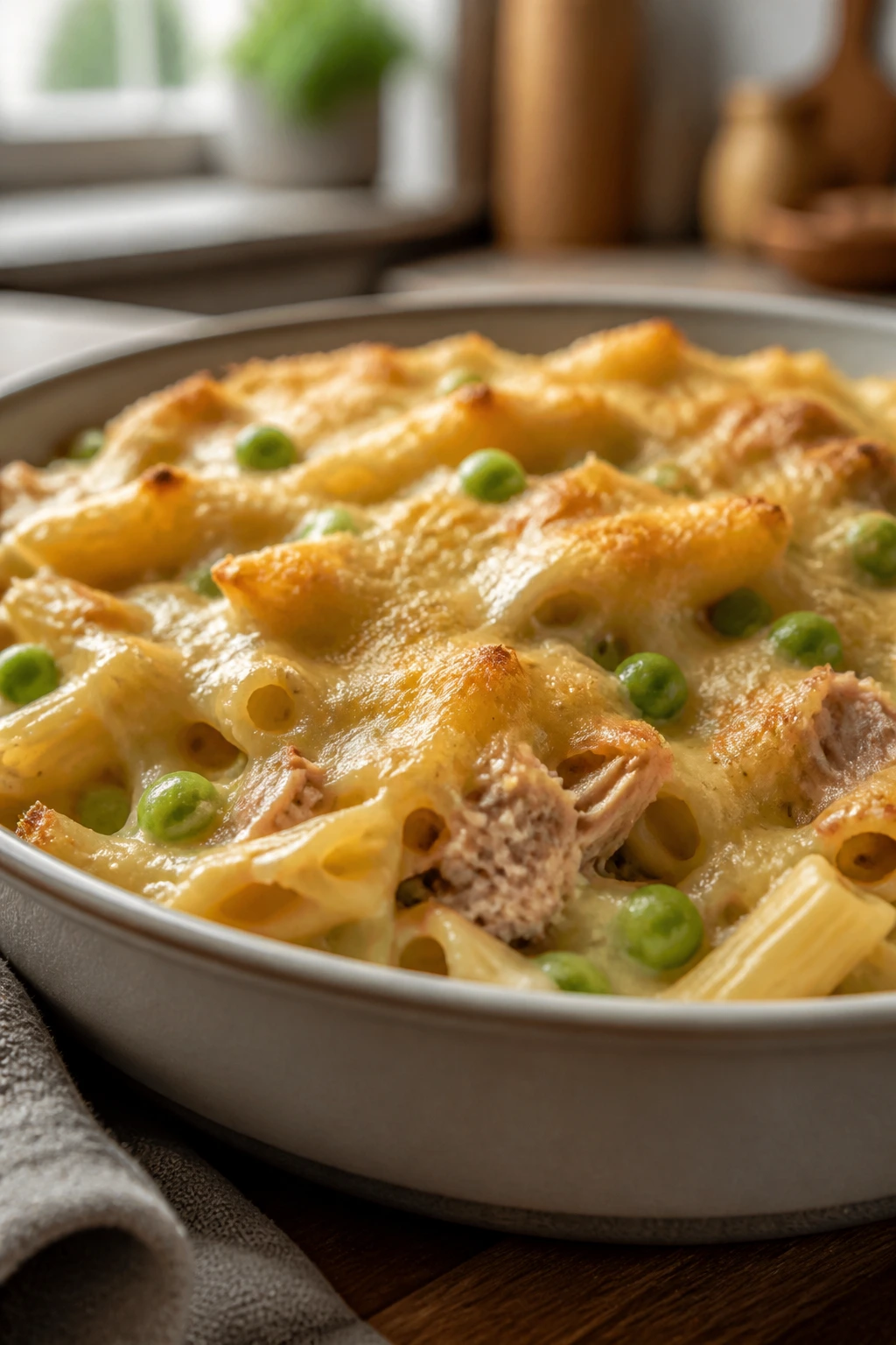 Creamy tuna pasta bake in bowl with peas