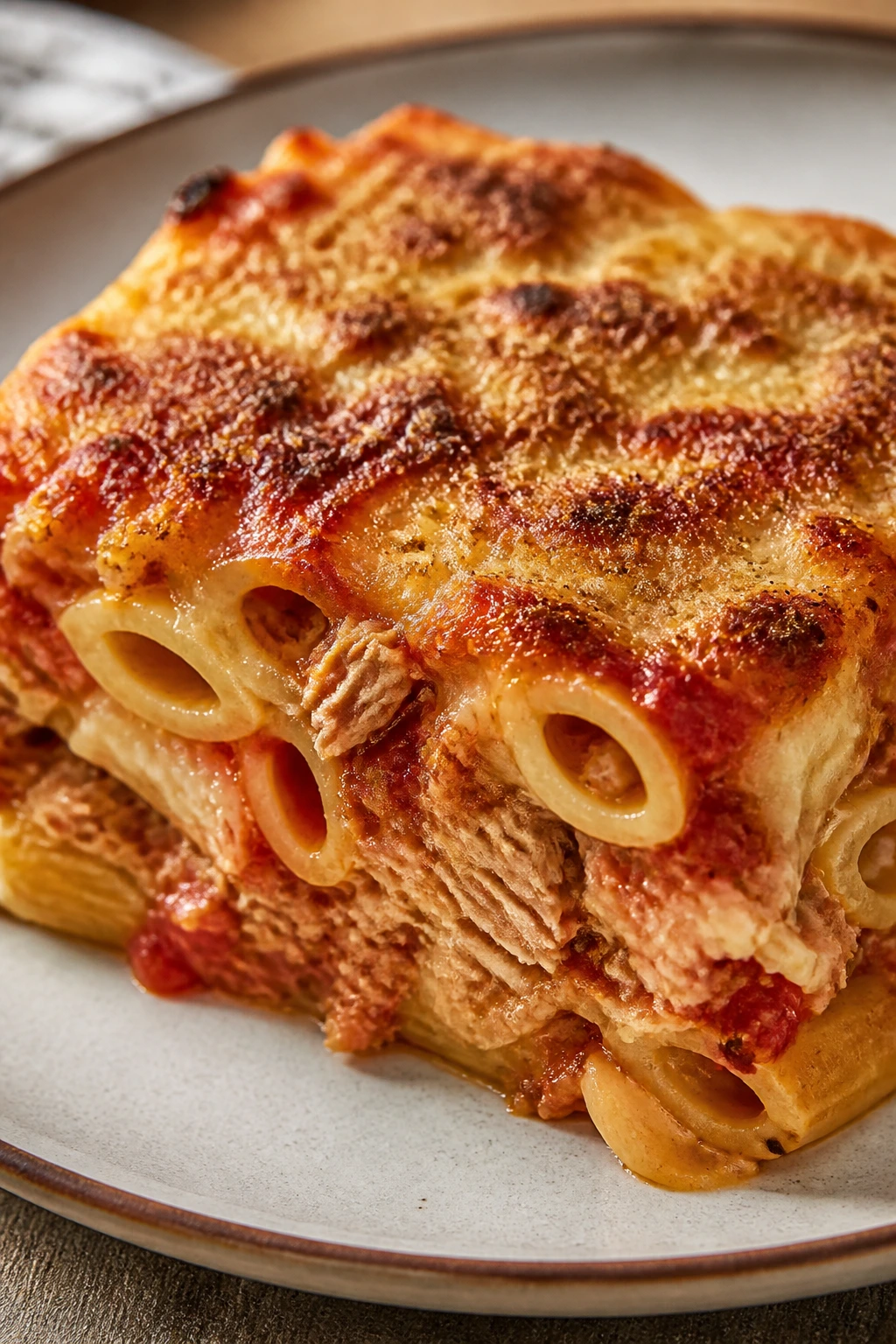 Slice of tuna pasta bake with melted cheese on plate