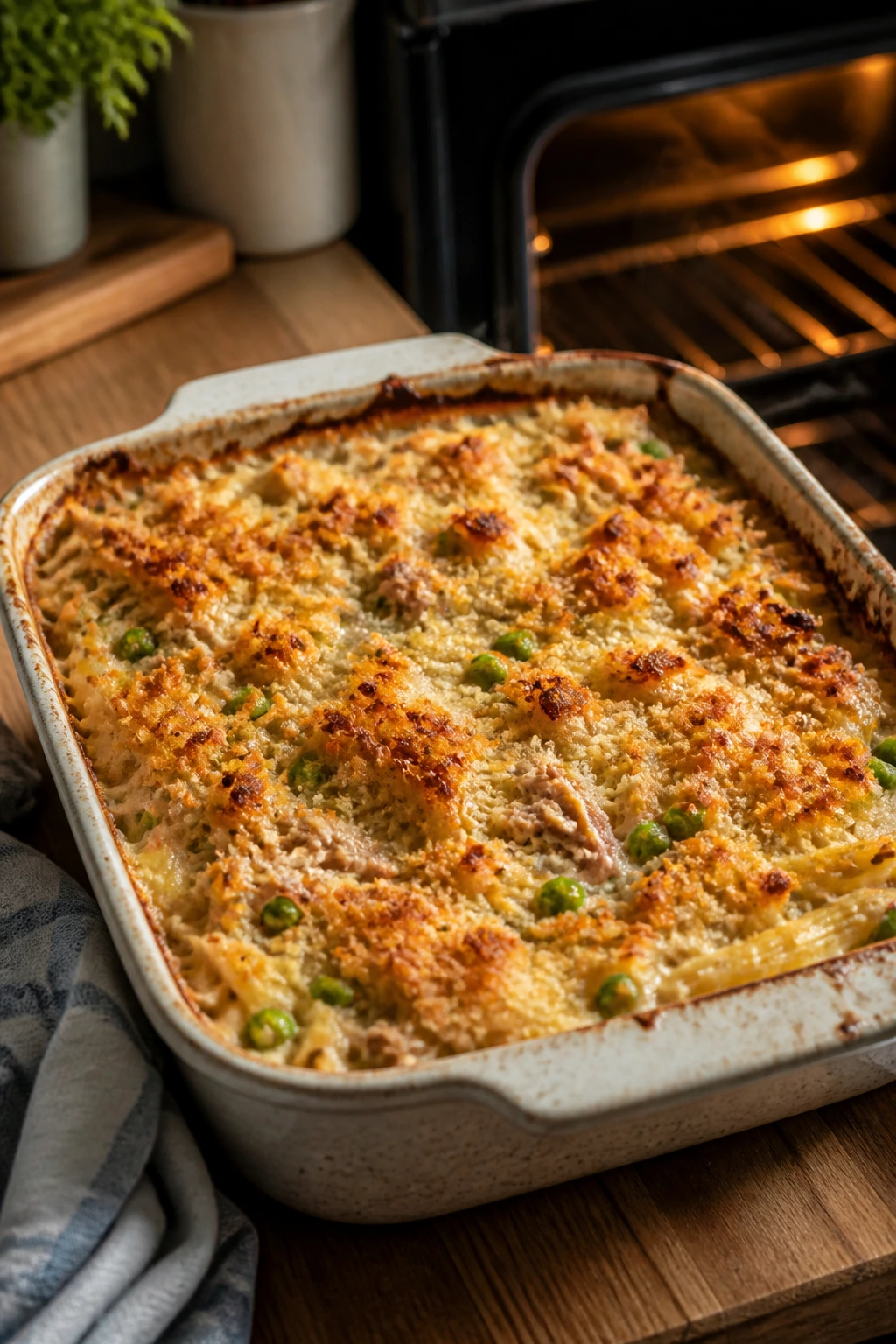 Creamy tuna pasta bake with peas and breadcrumb crust in a baking dish