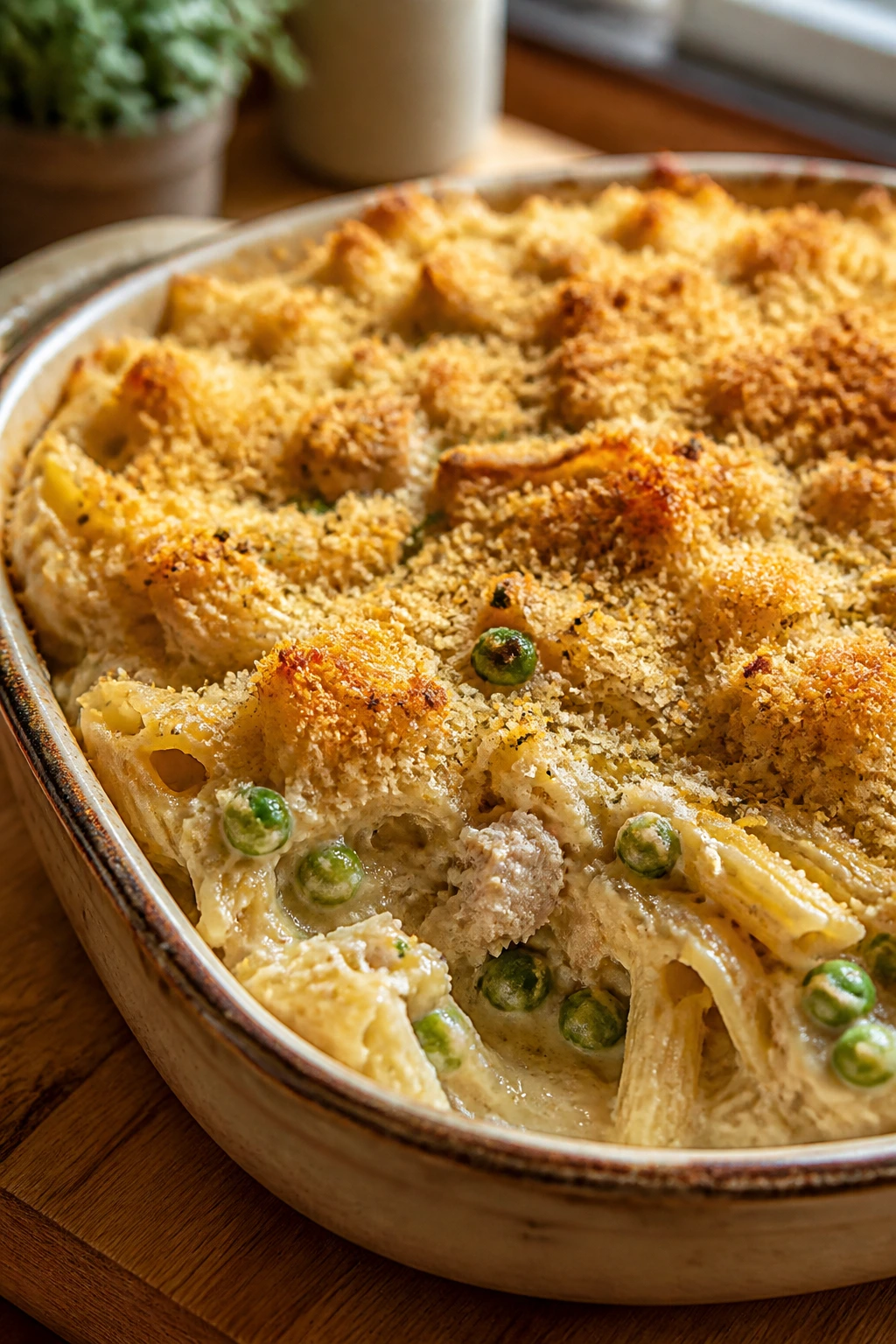 Close-up of creamy tuna pasta bake with peas and breadcrumb topping in a rustic dish