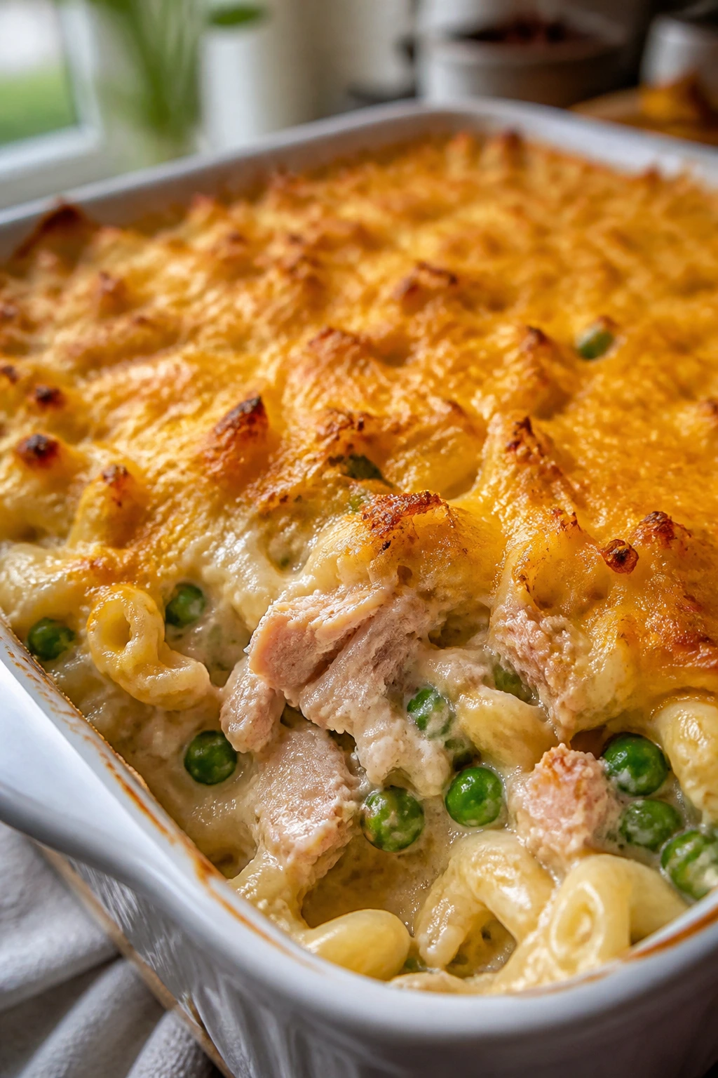 Close-up of bubbling tuna pasta bake with peas and cheddar in a baking dish