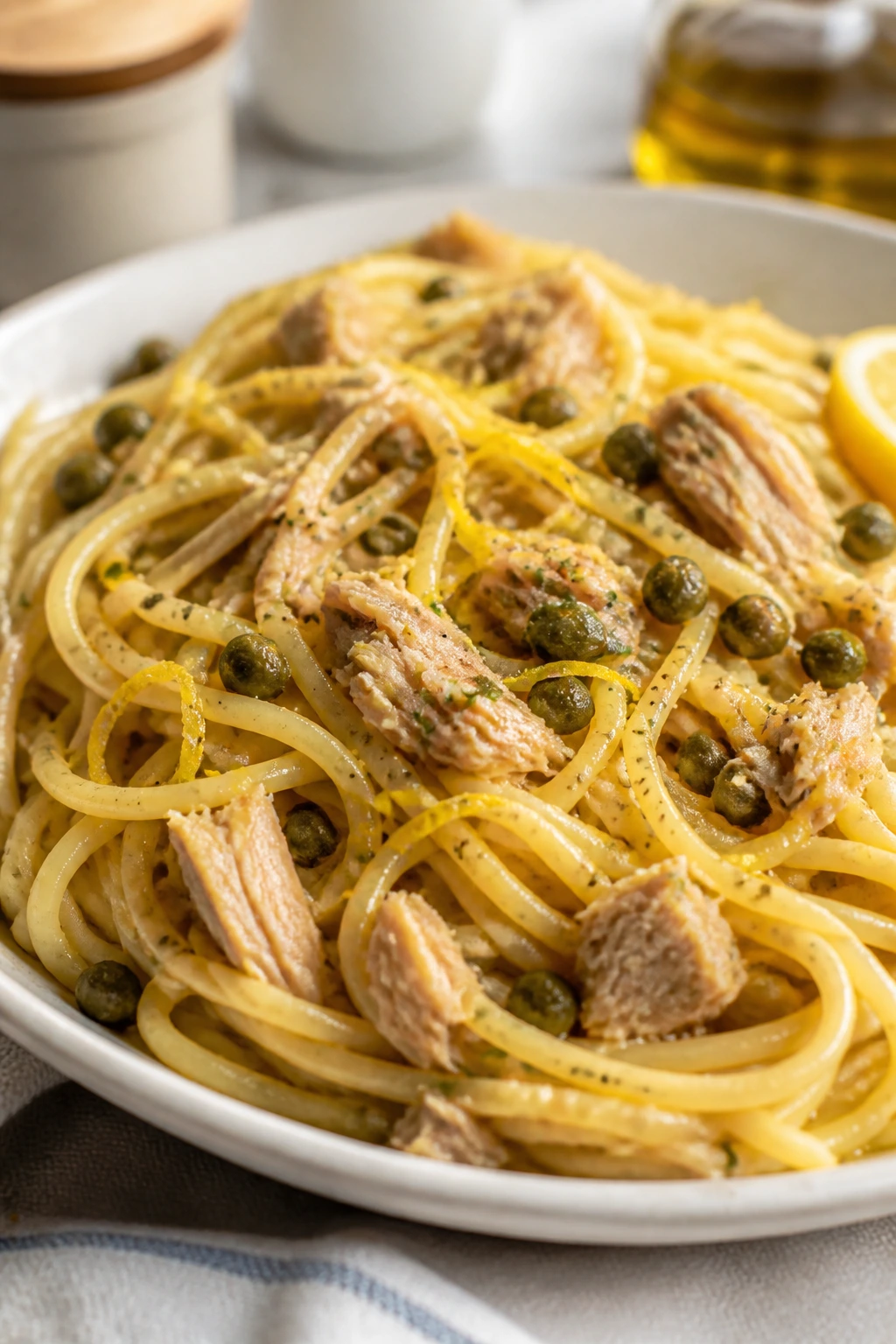 Pasta with tuna, capers and lemon zest