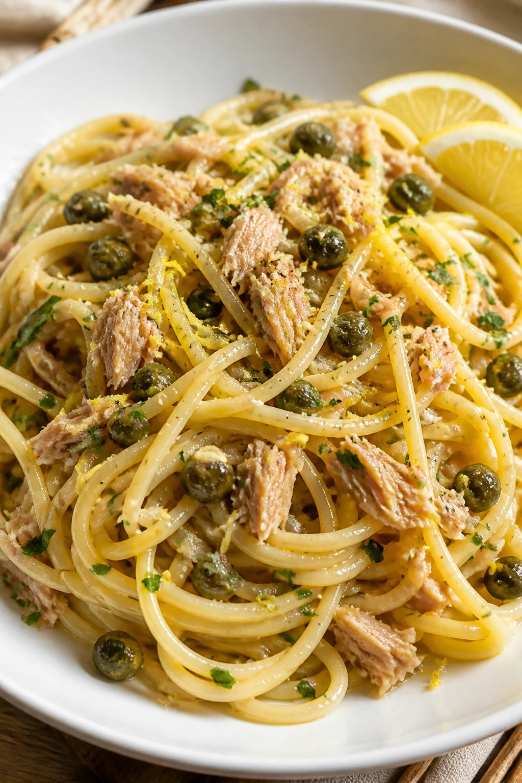 Close-up plate of tuna pasta with capers and lemon