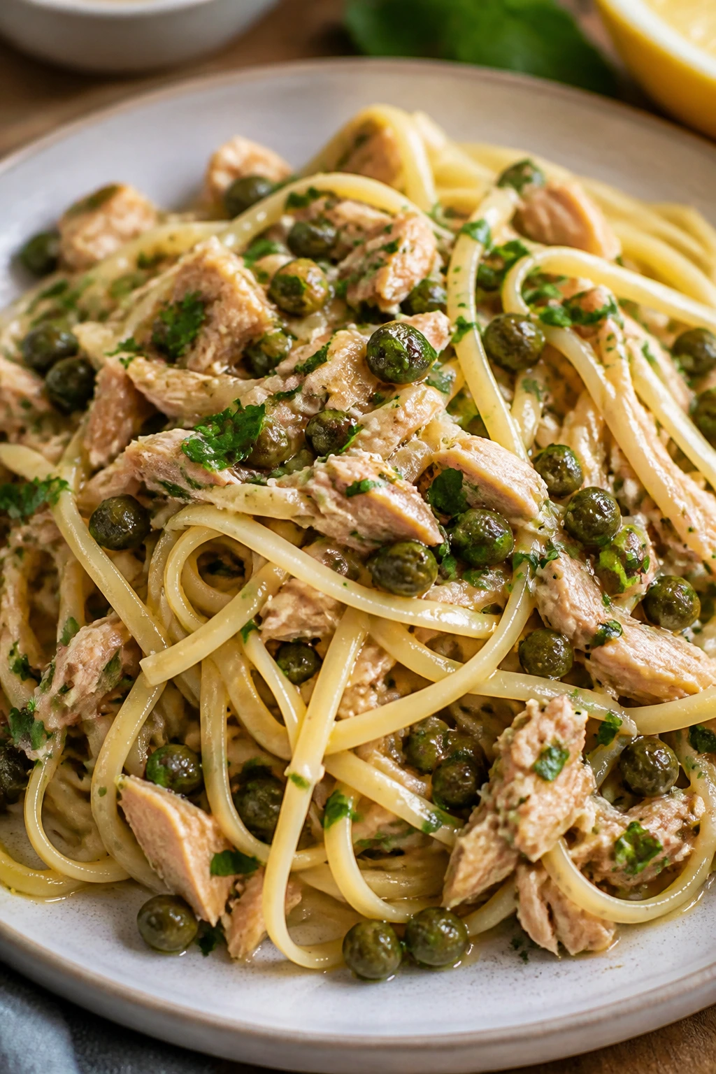 Plate of Tuna Pasta with Capers and Parsley