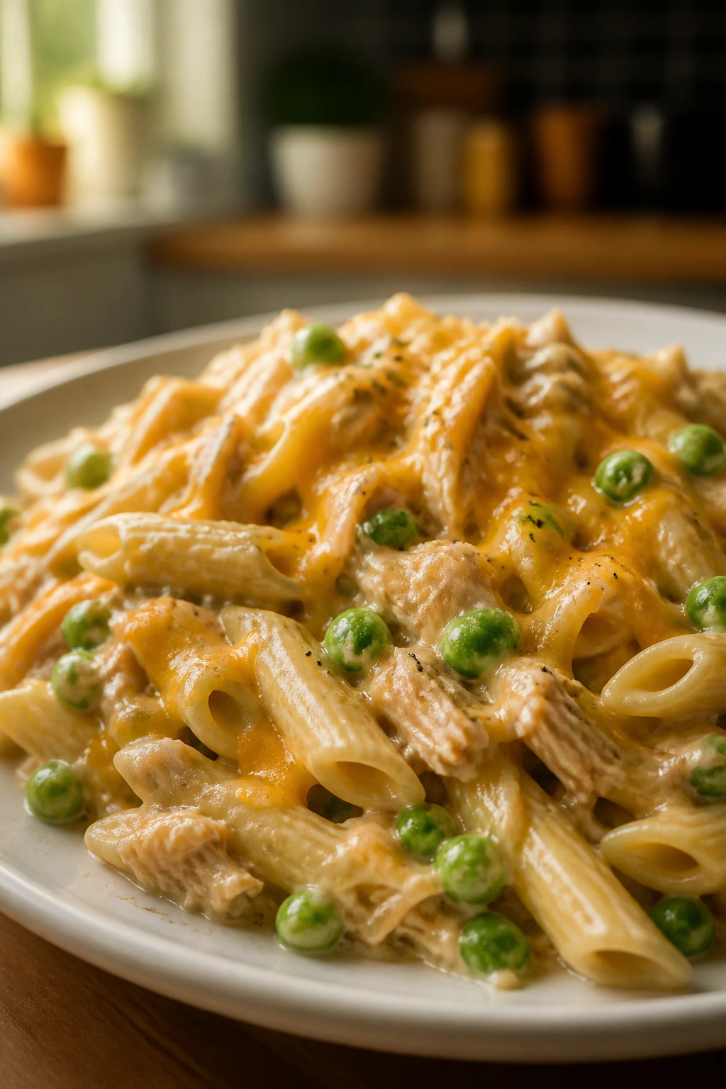 Creamy tuna pasta with peas and cheddar