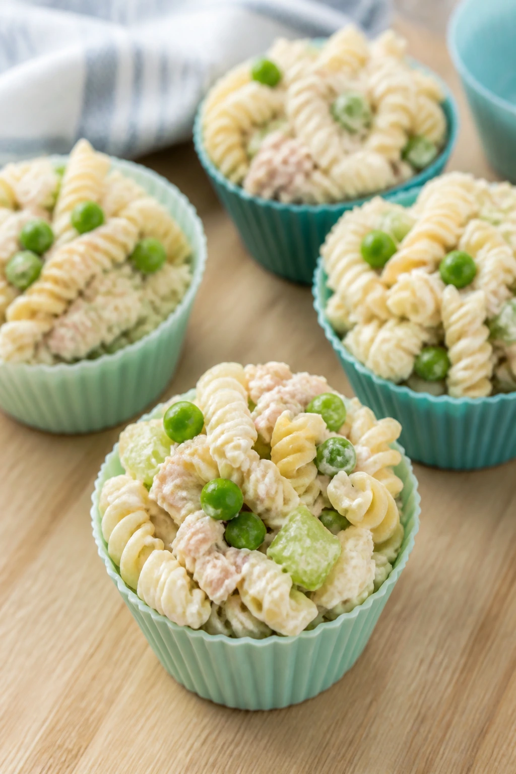 Close-up of Tuna Pasta Cups in silicone cups