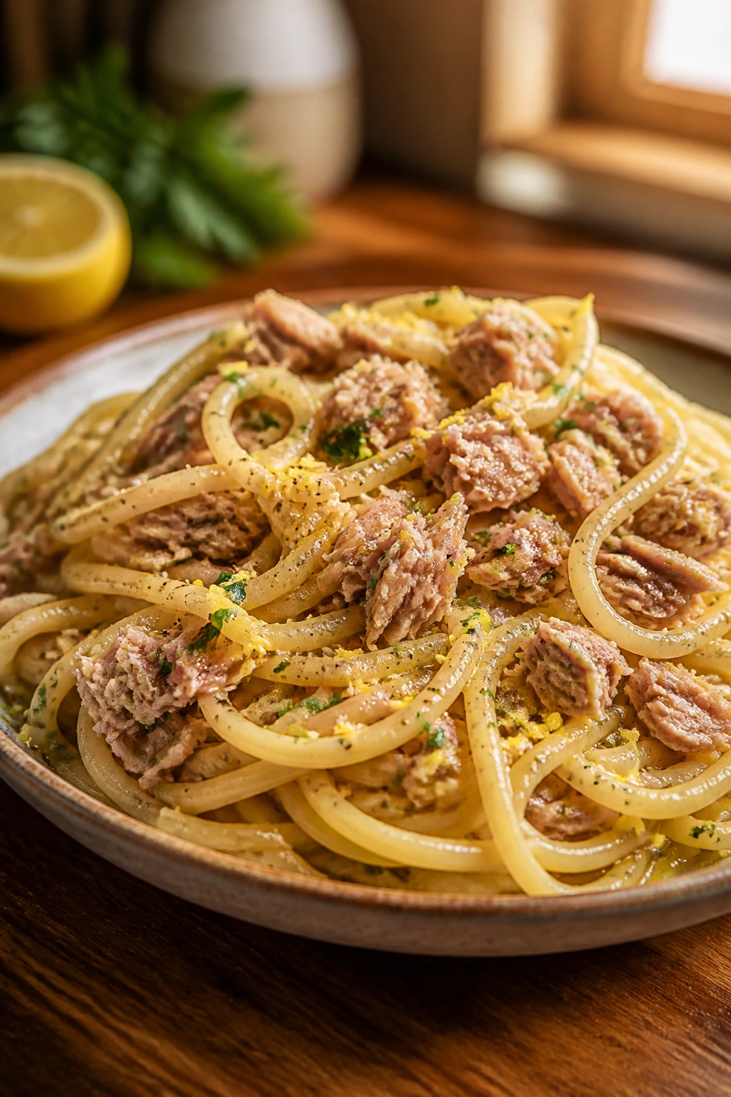 Close-up of garlic butter tuna pasta on a plate with lemon zest.