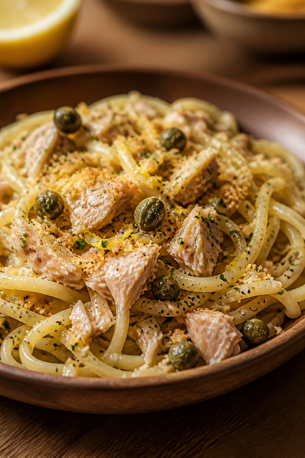 Pasta with tuna, capers, and lemon zest on a plate
