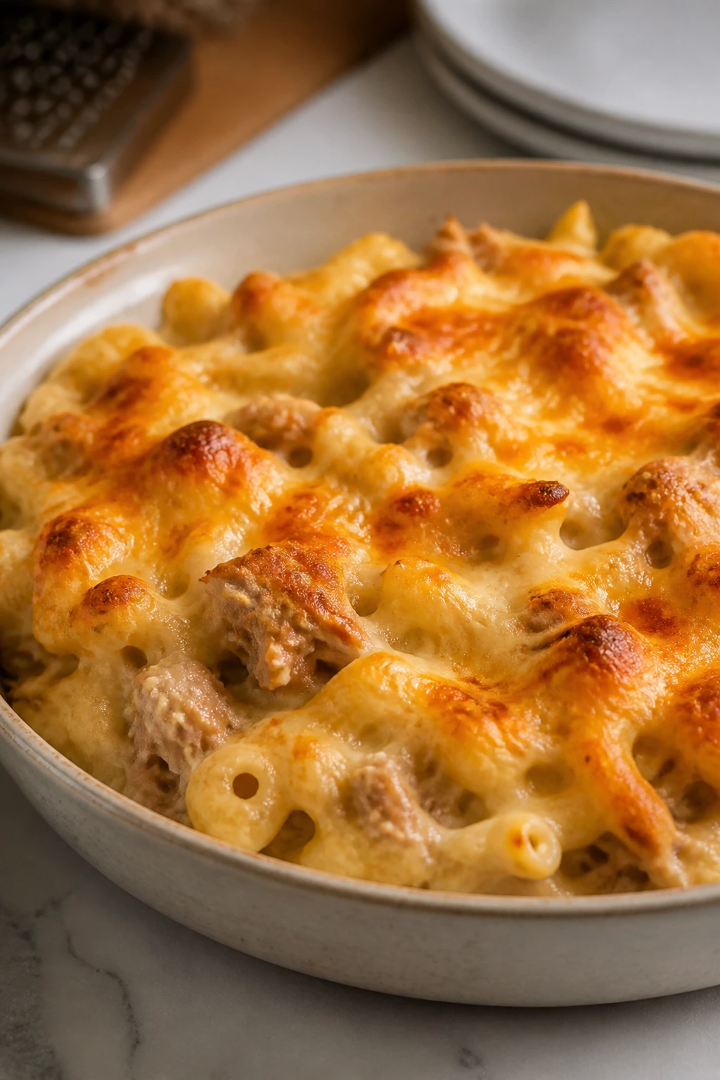 Creamy tuna pasta with melted cheese in a bowl