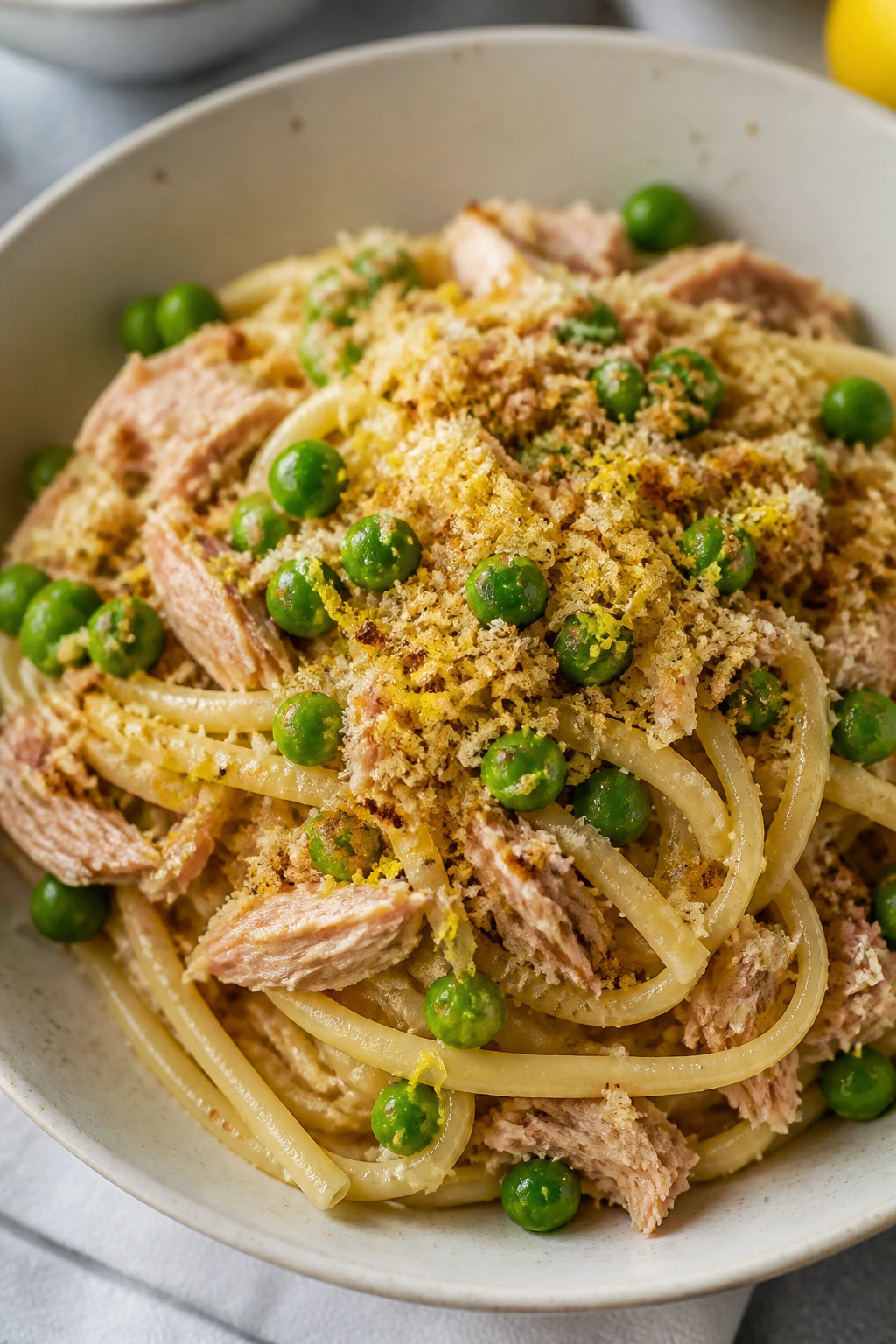 Pasta bowl with tuna, peas, and lemon zest.