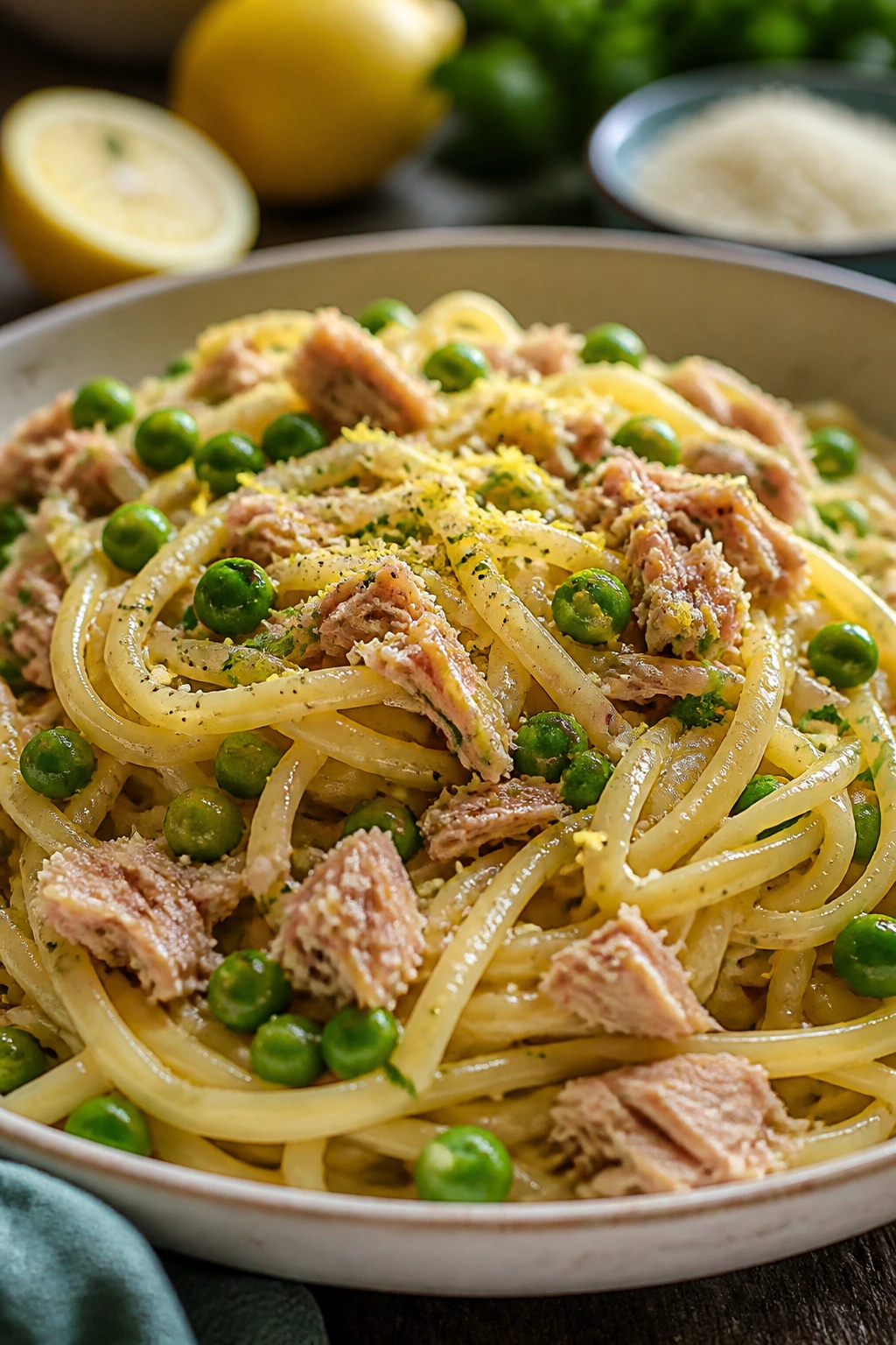 Close-up of tuna pea pasta on a plate in a warm kitchen