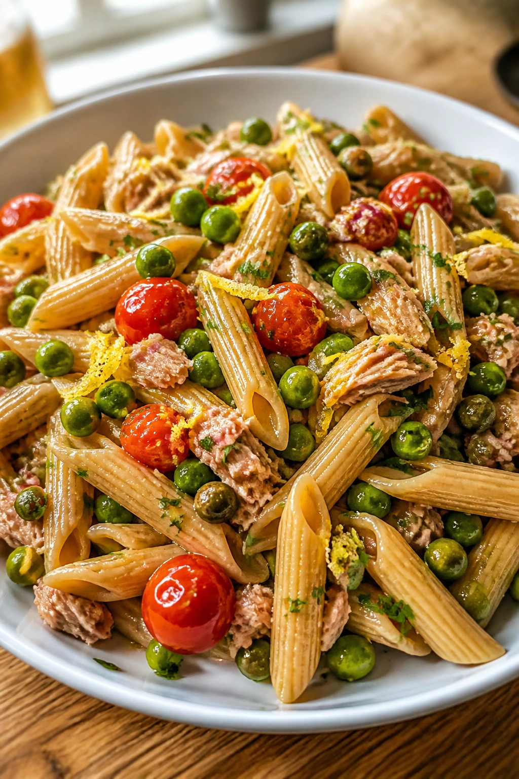 Mediterranean tuna pasta with peas on a plate in a bright kitchen