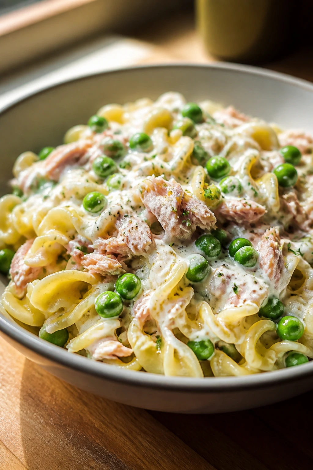 Close-up of tuna pasta with yogurt and peas in a bowl