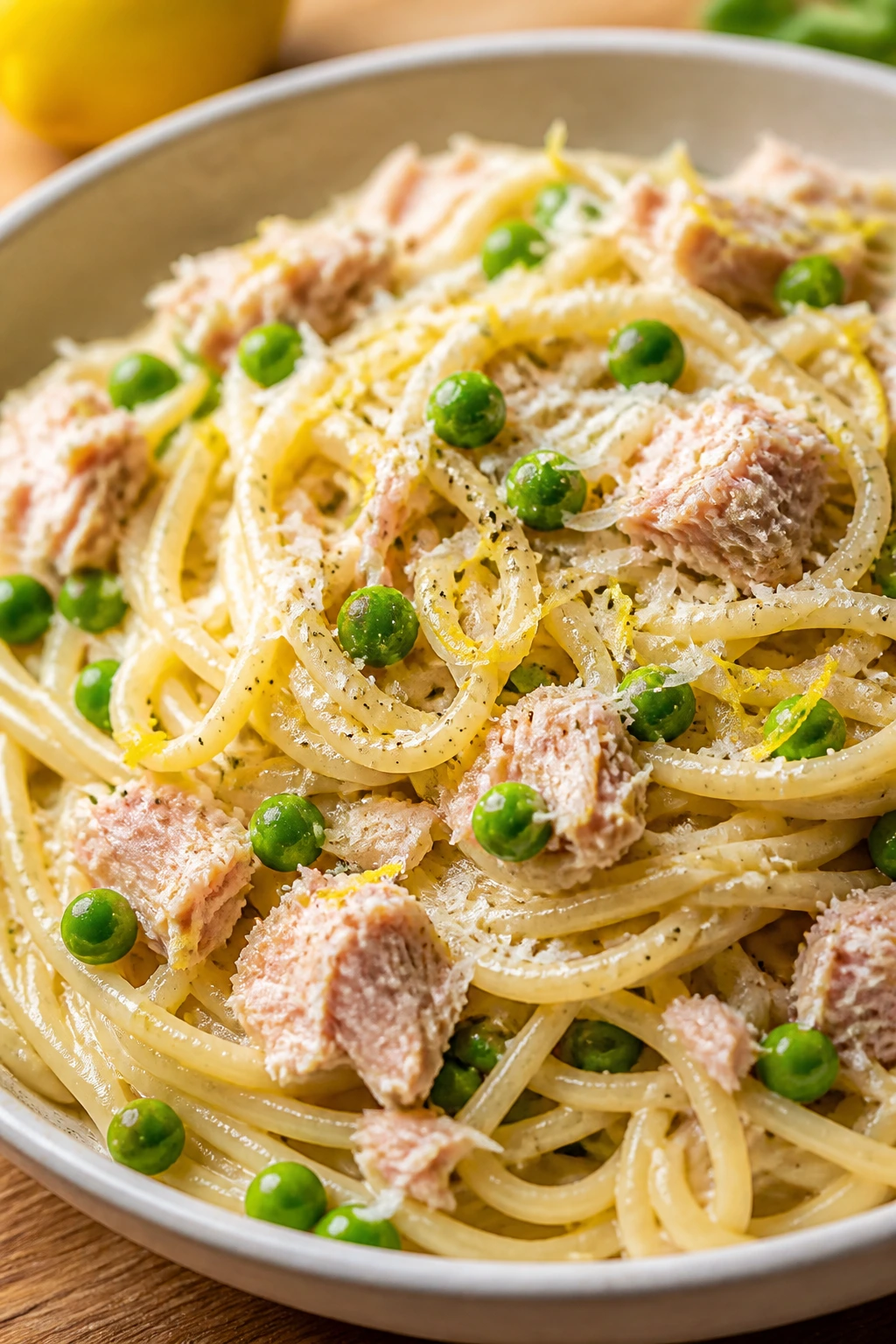 Bright tuna pasta with peas and lemon in a bowl