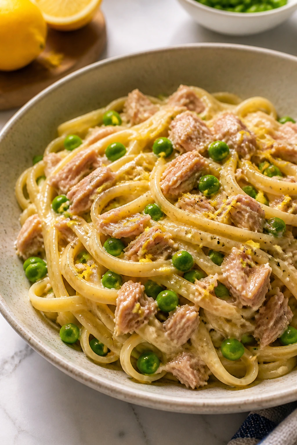 Close-up of tuna pasta with peas and lemon on plate