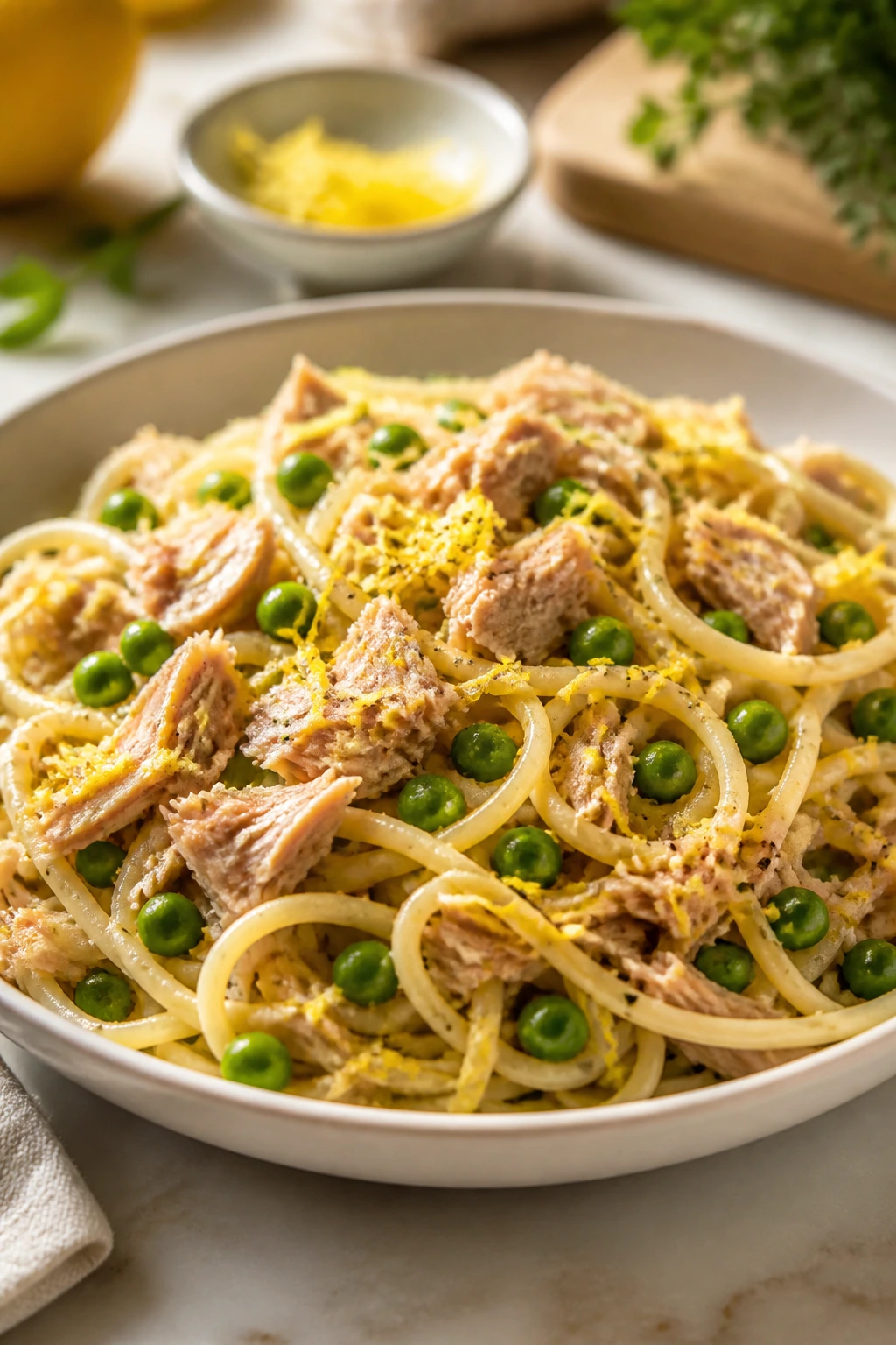 Close-up of tuna pasta with peas and lemon on a plate