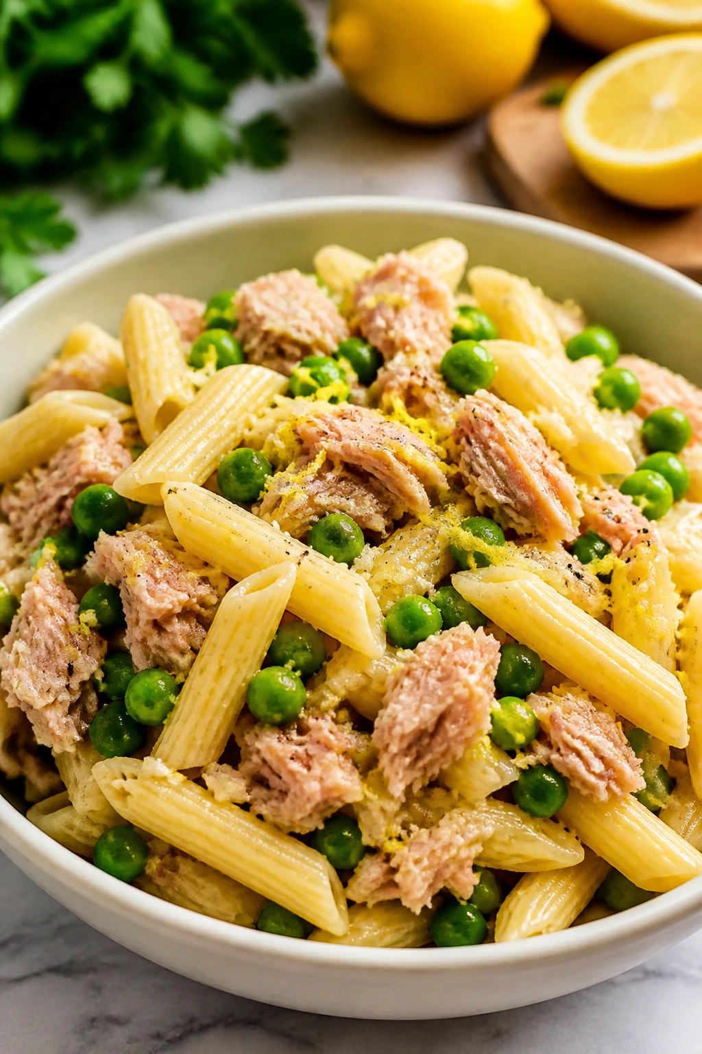 Tuna pasta with peas and lemon on a plate in a bright kitchen setting