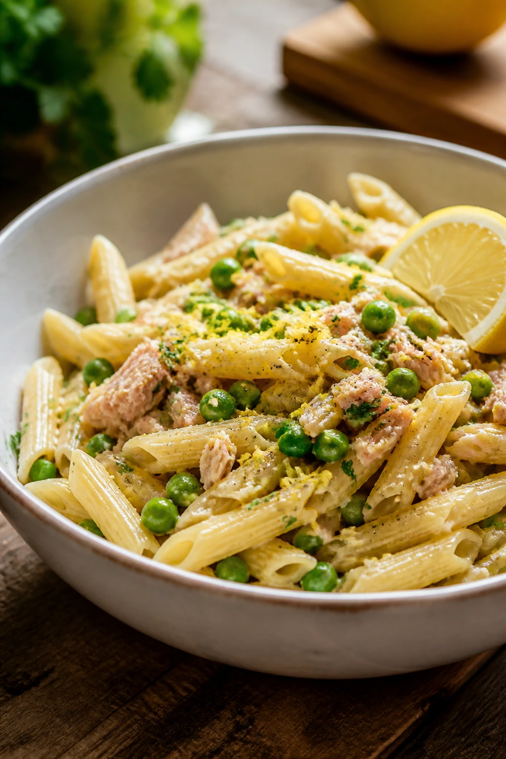 Close-up of tuna pasta with peas and lemon in a rustic kitchen