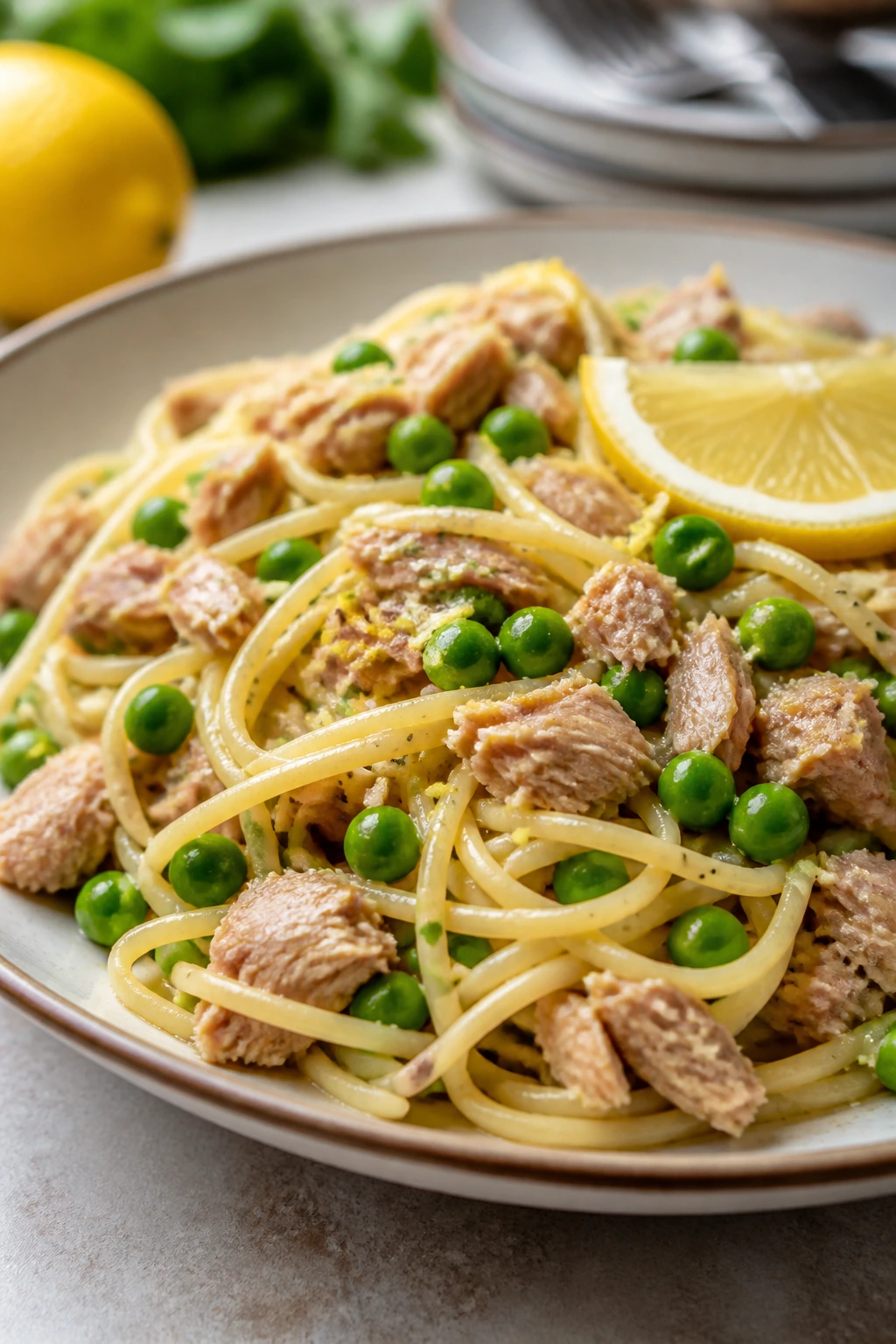 Close-up of Tuna Pasta with Peas and Lemon on a plate with lemon zest