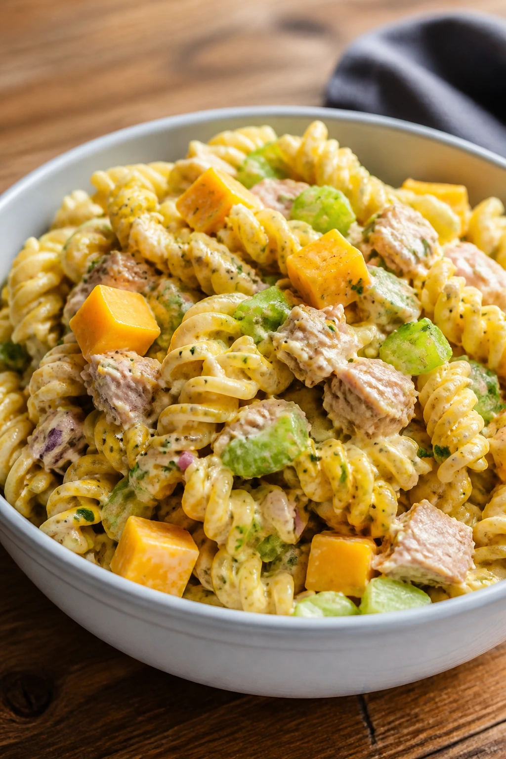 Bowl of tuna melt pasta salad with rotini, tuna, cheddar and celery