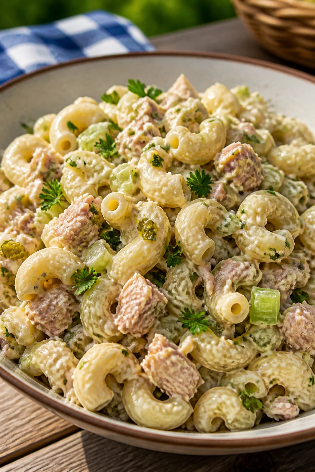 Close-up of Tuna Pasta Salad with tuna, celery, relish, and parsley in a shallow bowl.