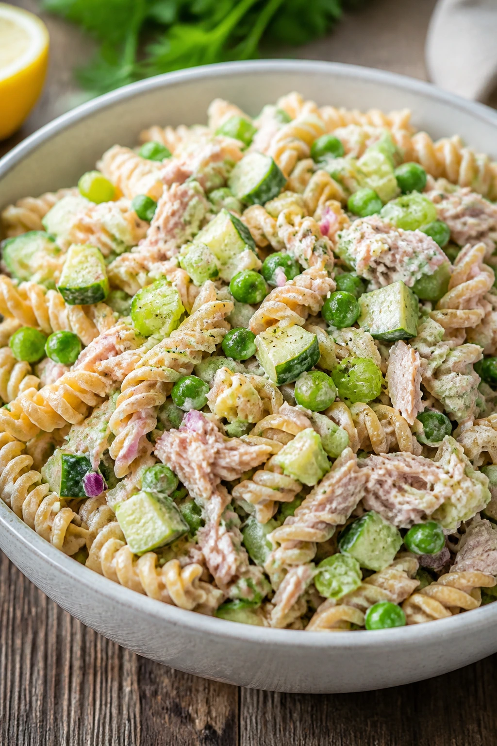 Bowl of tuna pasta salad with peas, cucumber, and celery on a wooden table