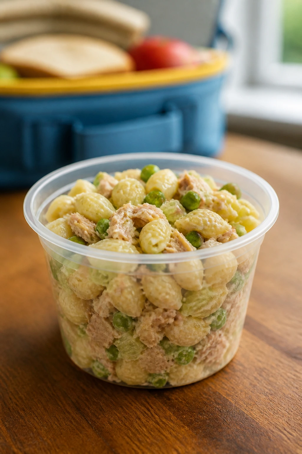Close-up of a tuna pasta salad cup on a kitchen counter