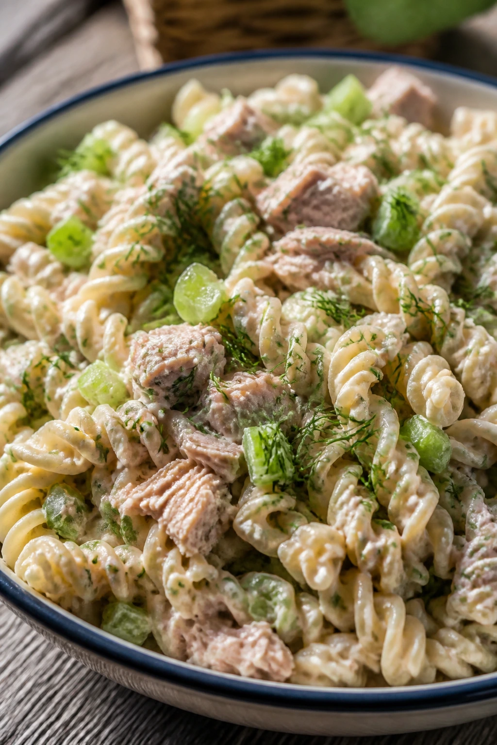 Close-up of tuna pasta salad with celery and dill in a picnic setting