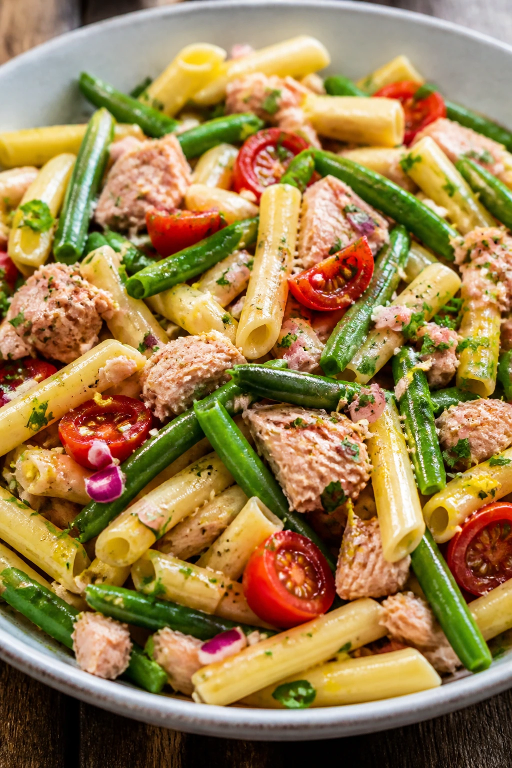 Close-up of tuna pasta salad with green beans and lemon dressing