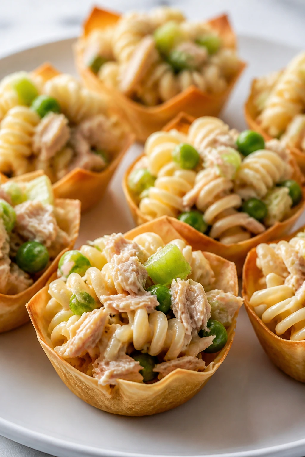 Close-up of tuna pasta salad cups ready for lunchbox.