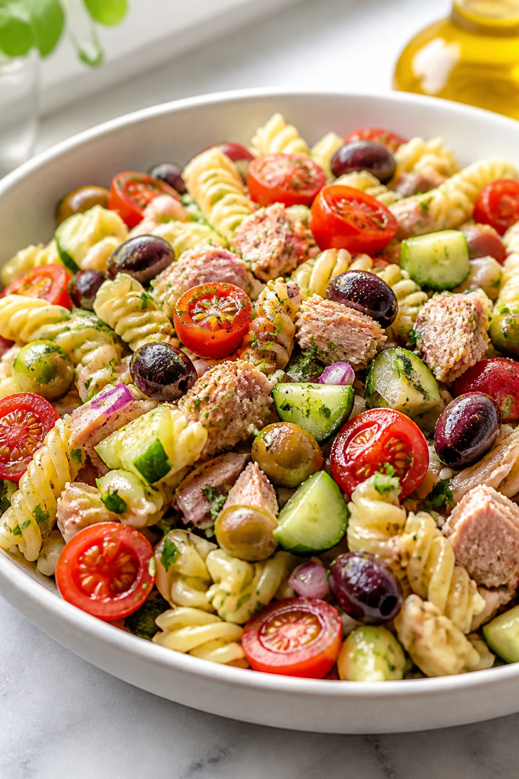 Colorful tuna pasta salad in a bowl