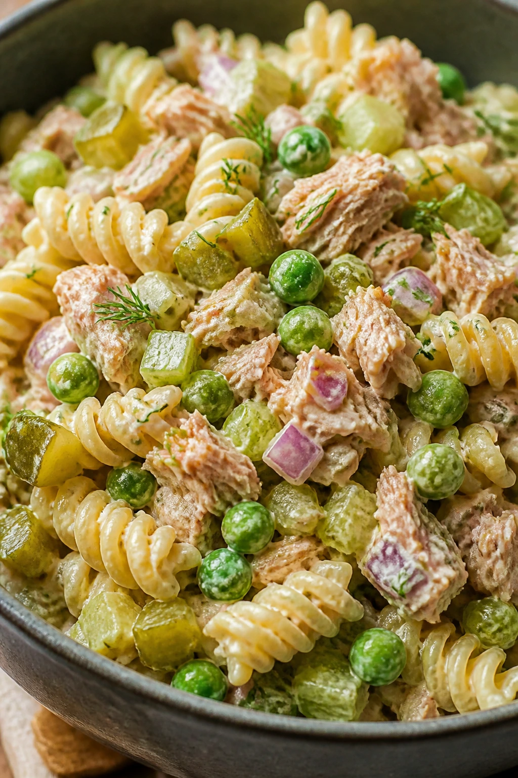 Pasta salad with tuna, peas, and Dijon in a glossy bowl