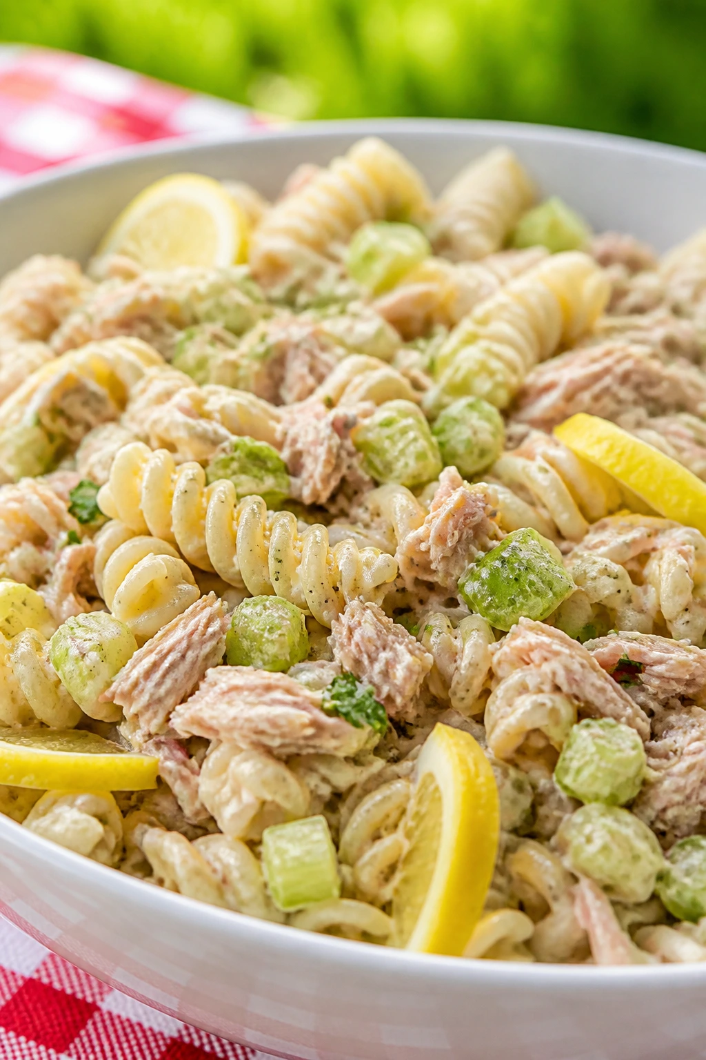 Bowl of classic tuna pasta salad on a picnic table