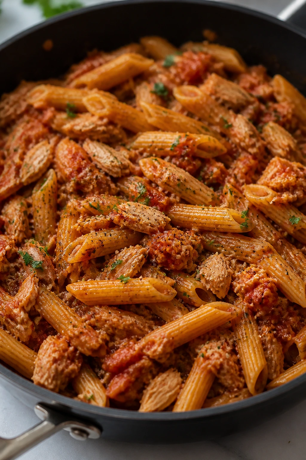 Medium close-up of tuna pasta skillet in a kitchen