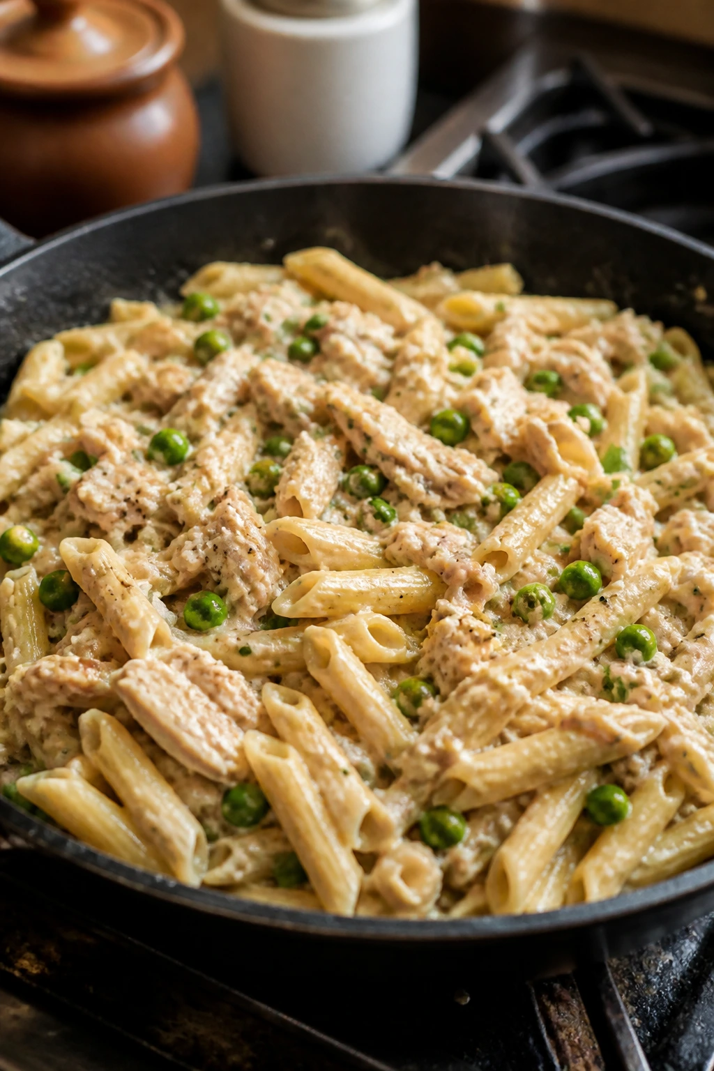 Close-up of creamy tuna pasta skillet.