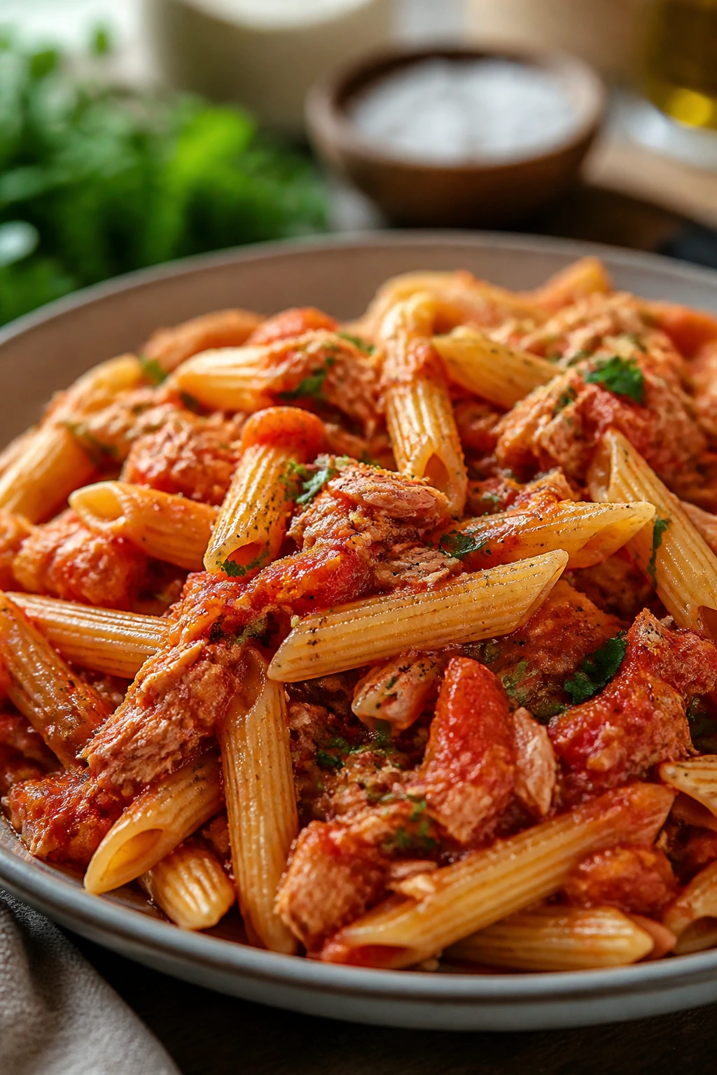 Plate of tuna tomato pasta with tuna flakes