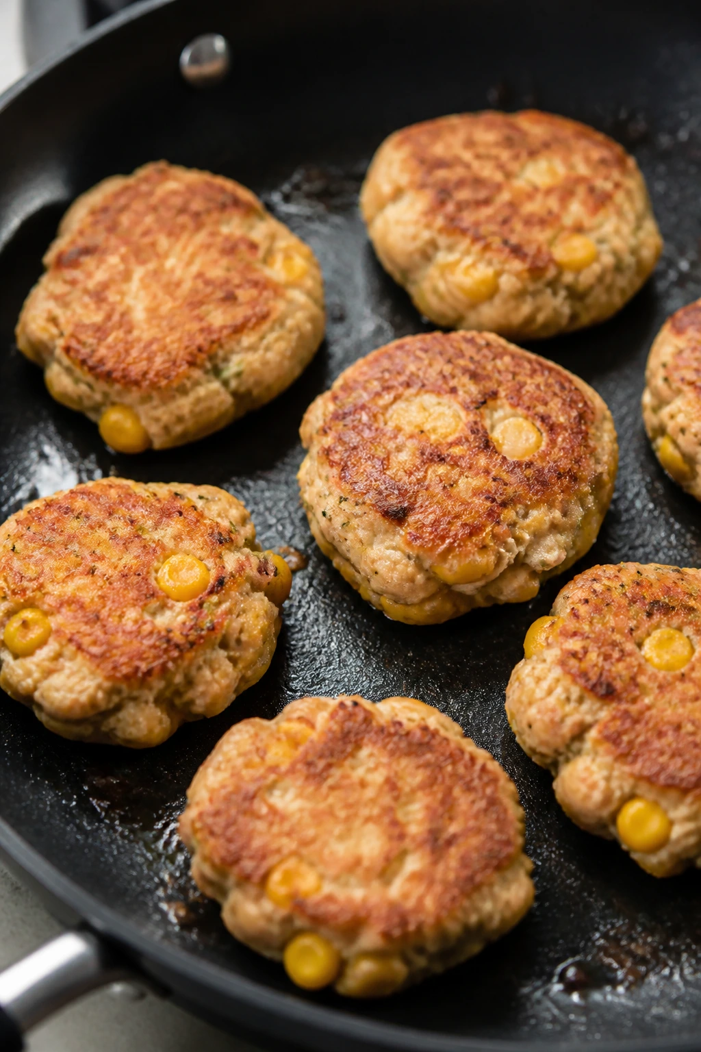 Close-up of tuna corn mini patties browning in a skillet