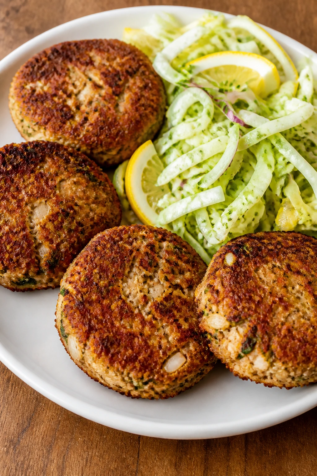 Tuna patties with lemon slaw on a plate